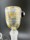 Crondo Glass fumed bowl with vibrant stripes and detailed fume work, showcasing handblown craftsmanship.