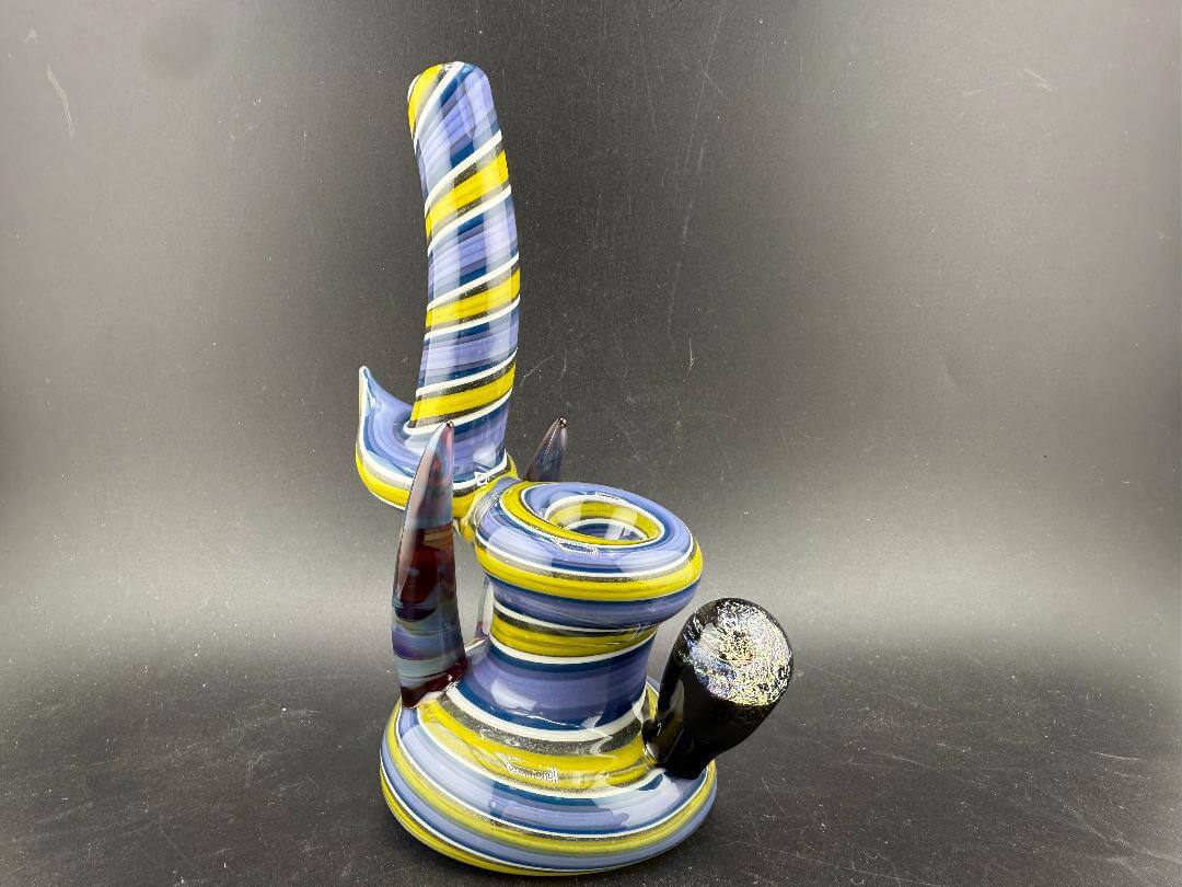 Filla John Glass Bubbler - Purple & yellow Line Worked w/ Horn & Dichro Marble Attachment