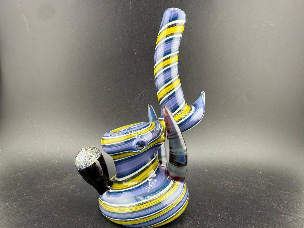 Filla John Glass Bubbler - Purple & yellow Line Worked w/ Horn & Dichro Marble Attachment