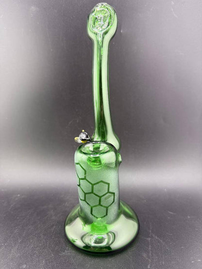 Filla John Glass Bubbler - Sandblasted Honeycomb w/ Bee Attachment showcasing unique design and green color.