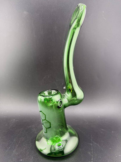 Filla John Glass Bubbler - Sandblasted Honeycomb w/ Bee Attachment in green glass, showcasing unique design and functionality.