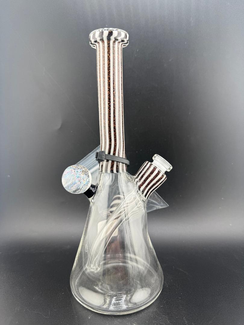 Filla John Glass Dichro Neck Beaker10mm 45° w/ Matching Cap showcased on a dark background.