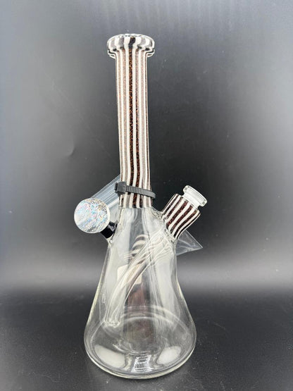 Filla John Glass Dichro Neck Beaker10mm 45° w/ Matching Cap showcased on a dark background.