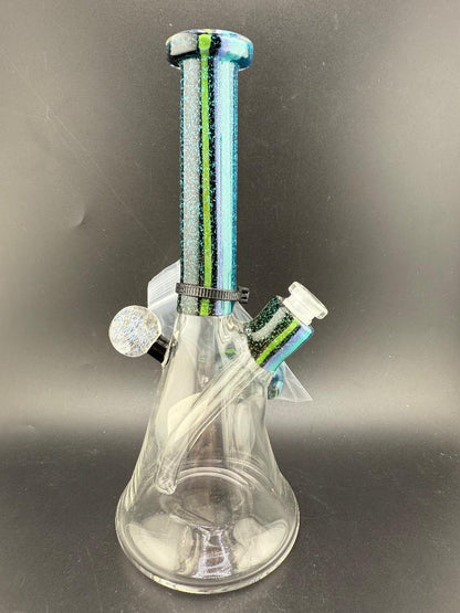 Filla John Glass Dichro Neck Beaker10mm 45° w/ Matching Cap showcasing vibrant dichroic colors and hand-blown artistry.
