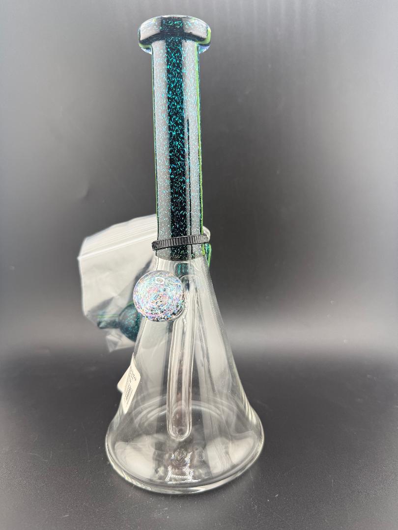 Filla John Glass Dichro Neck Beaker10mm 45° w/ Matching Cap showcasing vibrant colors and hand-blown artistry.