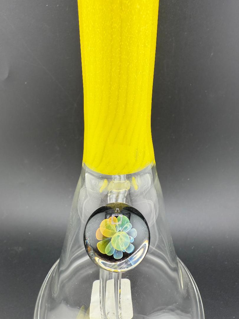 Filla John Glass Dichro Neck Single Color Beaker 10mm 45° with yellow neck and colorful flower design
