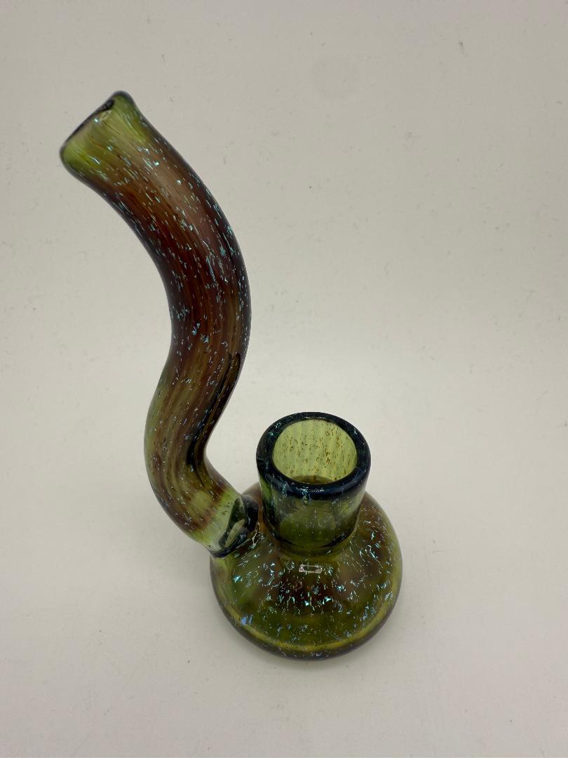 Filla John Glass Dry Rig 10mm 90° in green and brown with dichroic accents, handcrafted in Spokane.