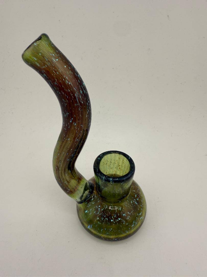 Filla John Glass Dry Rig 10mm 90° in green and brown with dichroic accents, handcrafted in Spokane.
