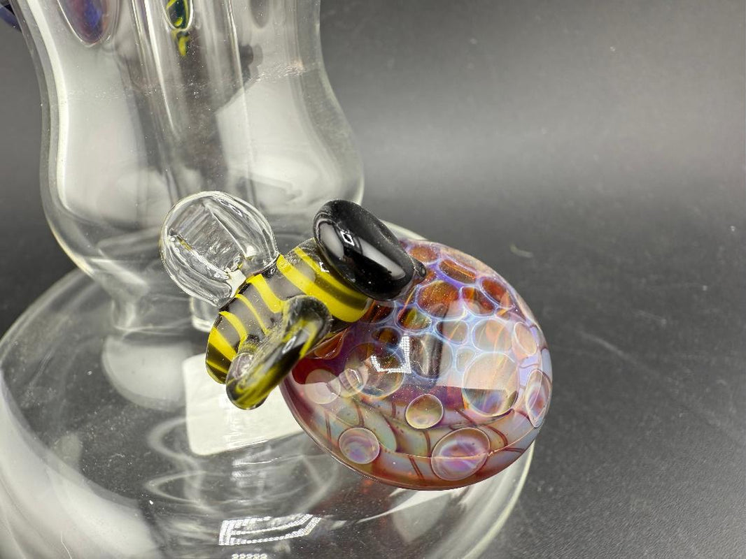 Filla John Glass Flower Bubbler – Clear w/ Amber Purple Marbles & Bee Attachments close-up view