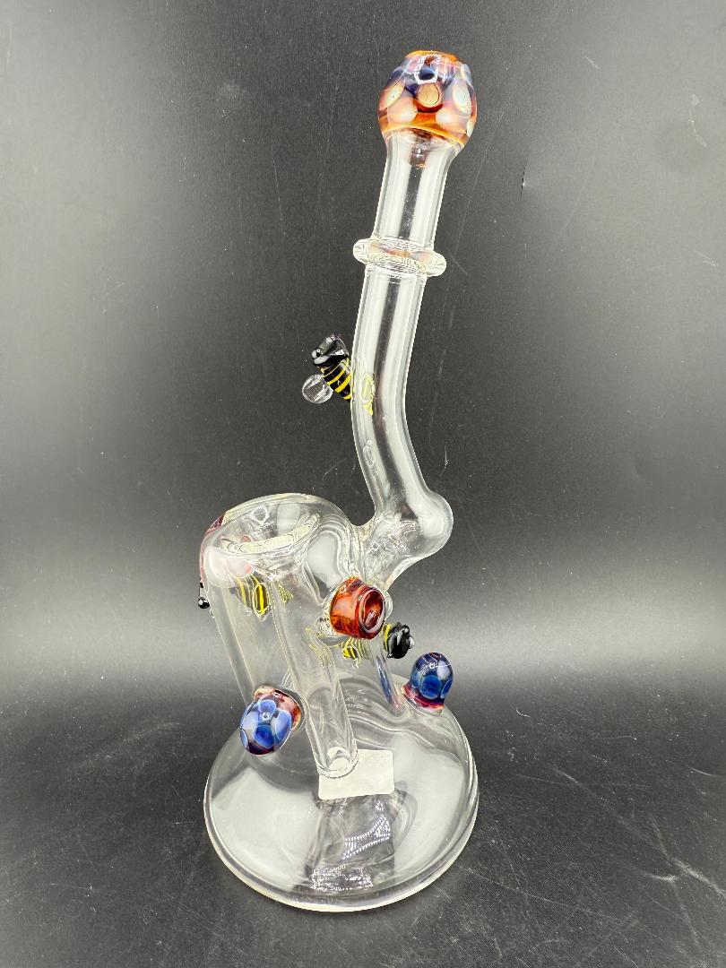 Filla John Glass Flower Bubbler - Clear w/ Amber Purple Marbles & Bee Attachments