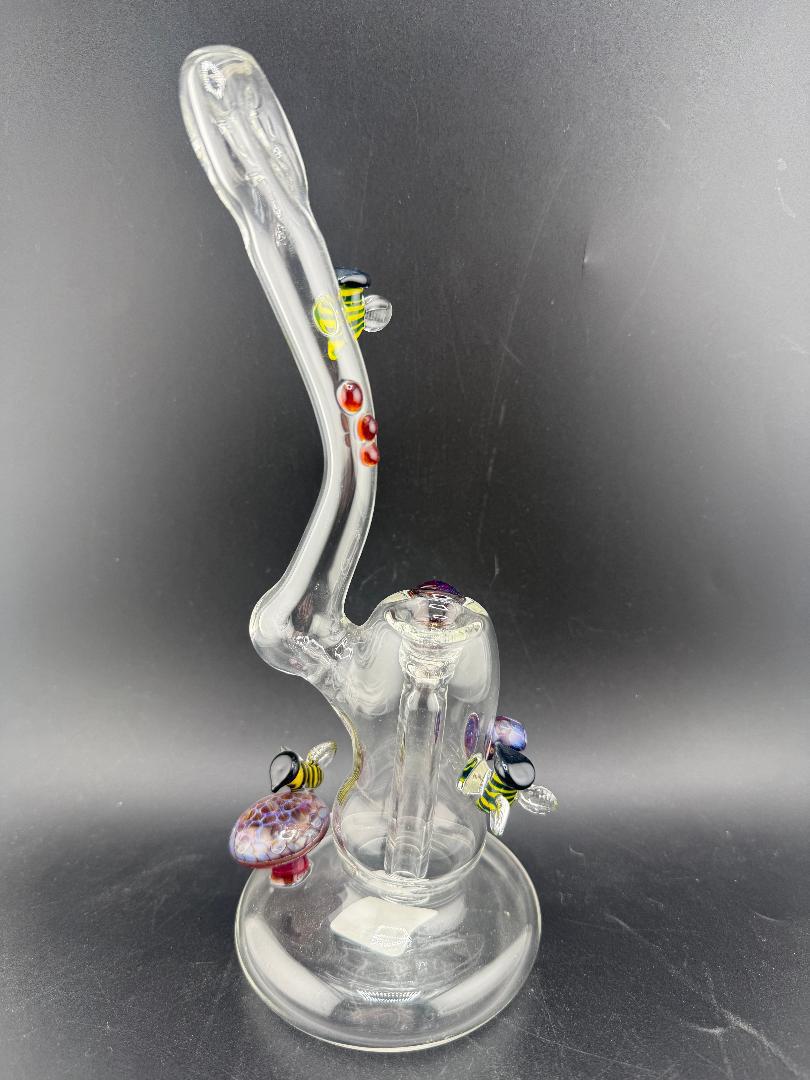 Filla John Glass Flower Bubbler – Clear w/ Amber Purple Marbles & Bee Attachments featuring colorful bee accents.