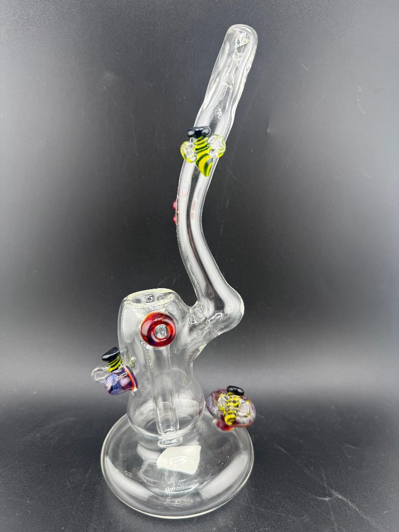 Filla John Glass Flower Bubbler – Clear w/ Amber Purple Marbles & Bee Attachments