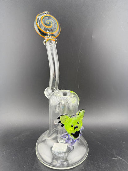 Filla John Glass Flower Bubbler - Line Worked Mouth Piece w/ Sculpted Grateful Dead Bear Pendant with colorful design.