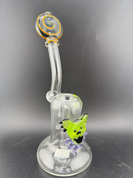 Filla John Glass Flower Bubbler - Line Worked Mouth Piece w/ Sculpted Grateful Dead Bear Pendant with colorful design.