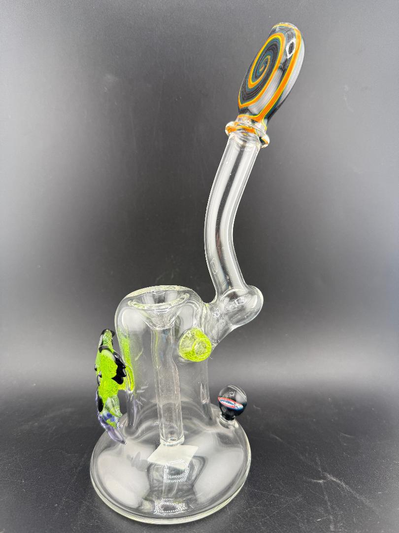Filla John Glass Flower Bubbler - Line Worked Mouth Piece w/ Sculpted Grateful Dead Bear Pendant showcasing unique line work and vibrant design.