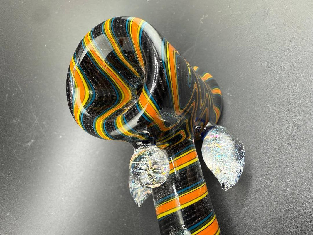Filla John Glass Hammer Pipe - Orange & Black Line Worked w/ Dichro Attachments featuring bold colors and unique design.