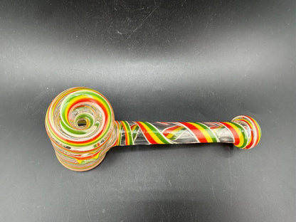 Filla John Glass Hammer Pipe - Rasta Line Work featuring vibrant Rasta-inspired line work and hammer design.