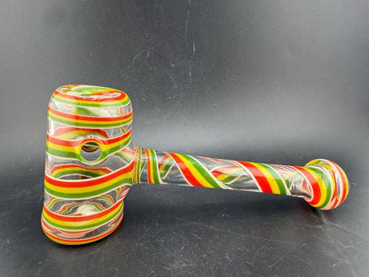 Filla John Glass Hammer Pipe - Rasta Line Work featuring vibrant Rasta-inspired line work and a comfortable grip.