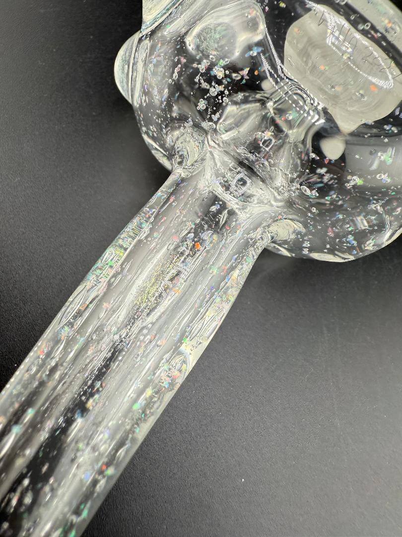 Filla John Glass Hand Pipe - Clear & Crushed Opal showcasing clear body with shimmering crushed opal accents.