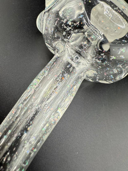 Filla John Glass Hand Pipe - Clear & Crushed Opal showcasing clear body with shimmering crushed opal accents.