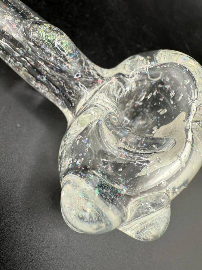 Filla John Glass Hand Pipe - Clear & Crushed Opal showcasing a sleek clear body with shimmering crushed opal details.