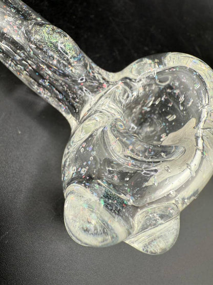 Filla John Glass Hand Pipe - Clear & Crushed Opal showcasing a sleek clear body with shimmering crushed opal details.