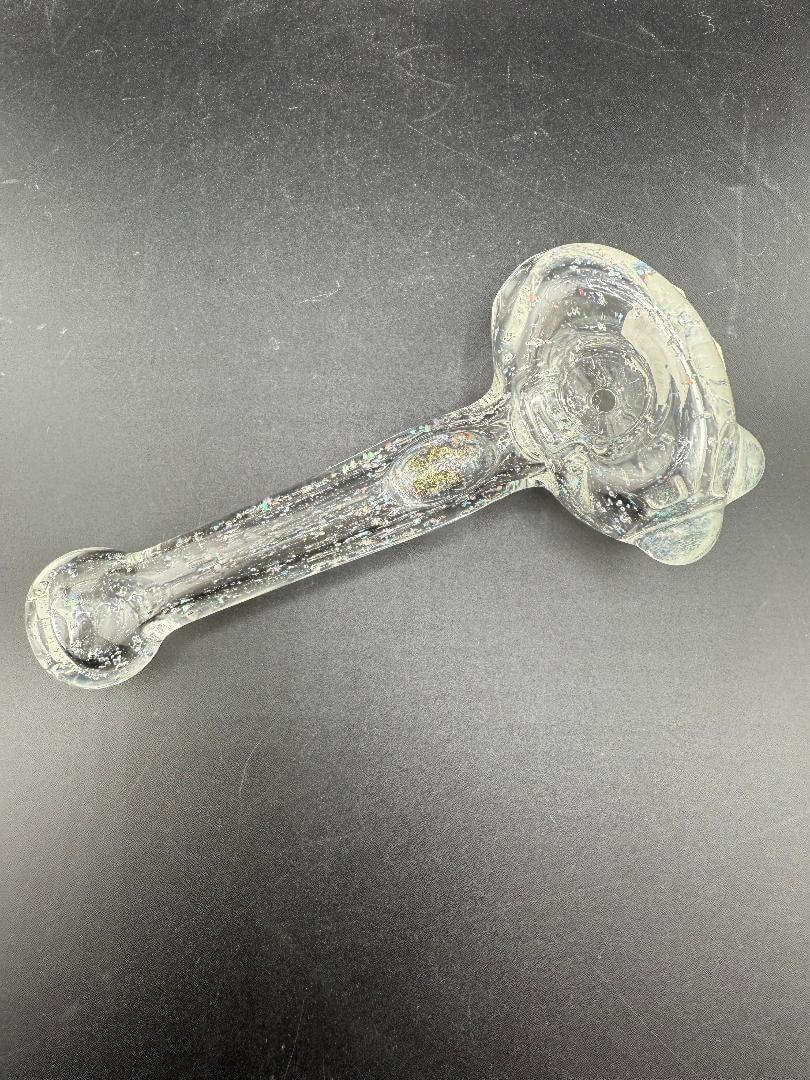 Filla John Glass Hand Pipe - Clear & Crushed Opal showcasing a sleek clear body with crushed opal accents.