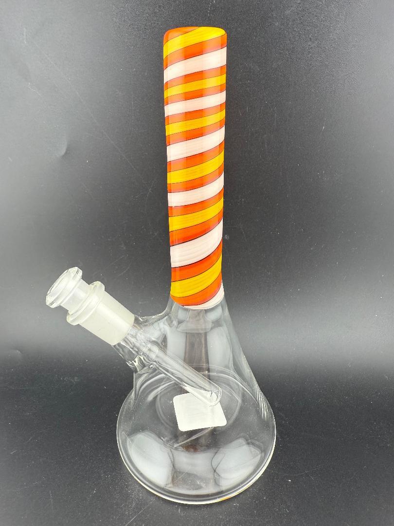 Filla John Glass Line Worked Neck Beakers 10mm 45° with colorful striped design, crafted in Spokane, WA.