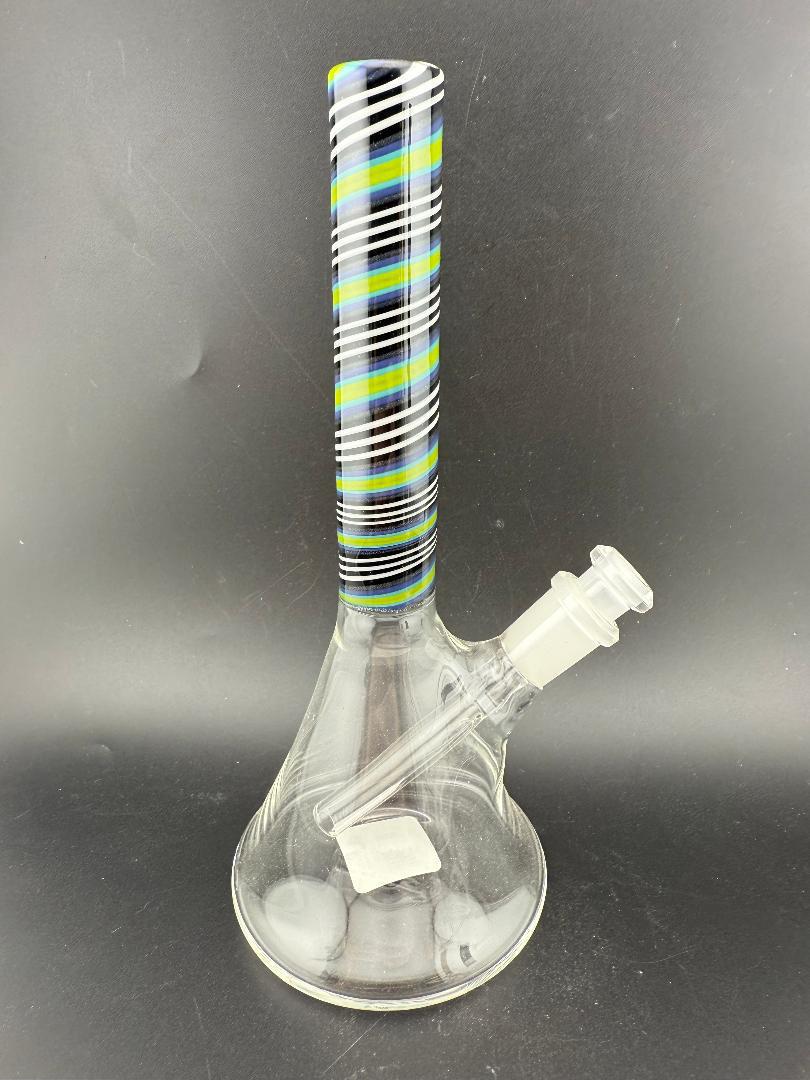 Filla John Glass Line Worked Neck Beakers 10mm 45° with vibrant striped neck and beaker base for enhanced dab experience.