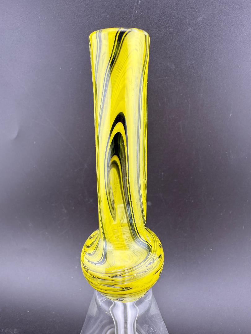 Filla John Glass Line Worked Neck Beakers 10mm 45° featuring stunning line work in vibrant yellow and black.