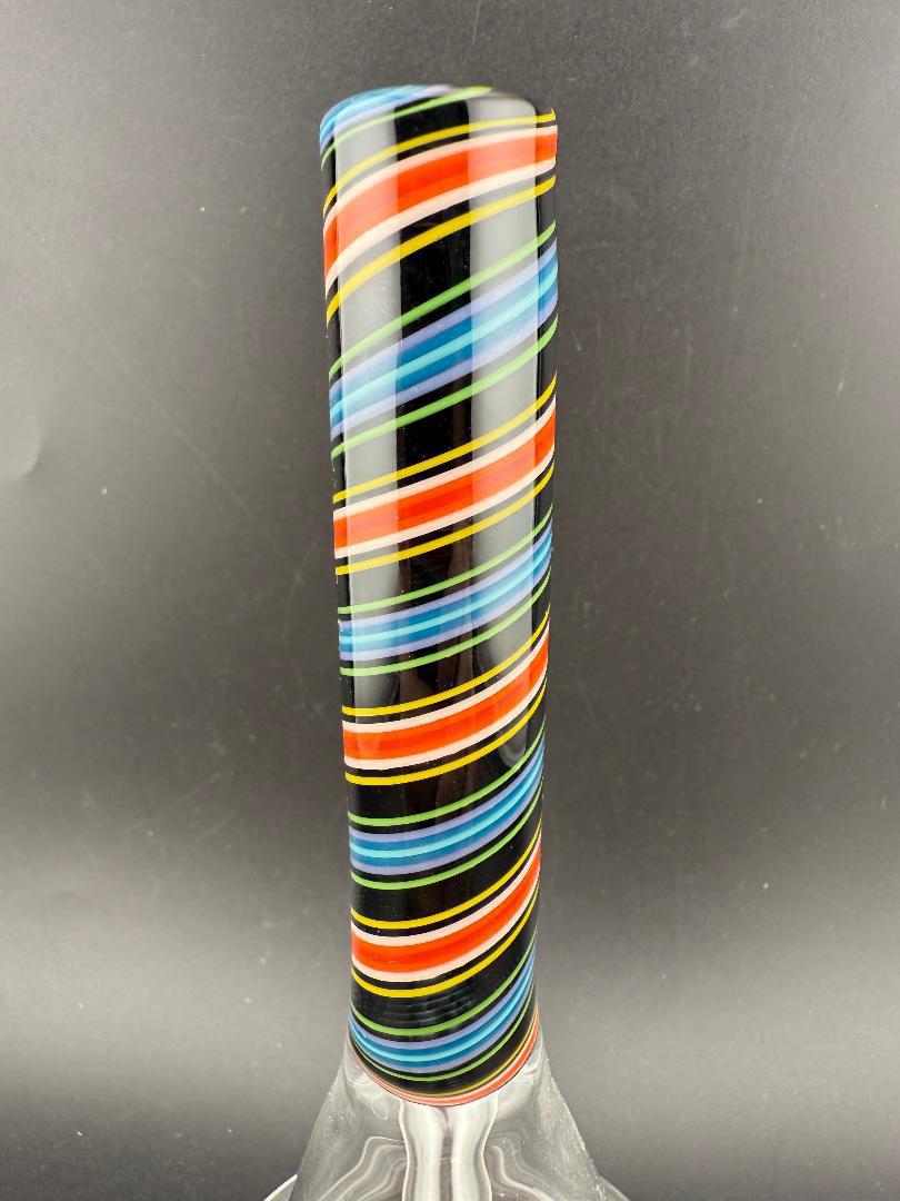 Filla John Glass Line Worked Neck Beakers 10mm 45° showcasing intricate line work in colorful patterns.