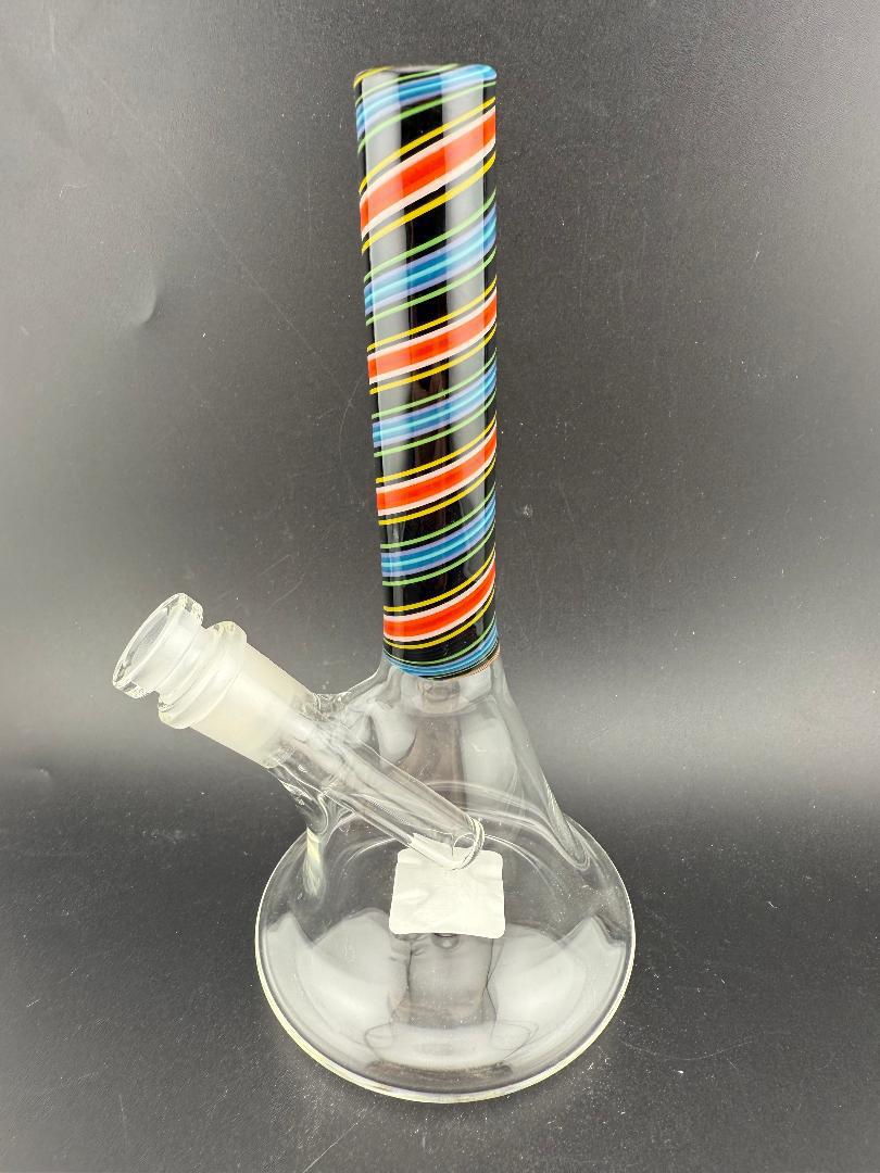 Filla John Glass Line Worked Neck Beakers 10mm 45° with colorful striped neck, handcrafted in Spokane, WA.