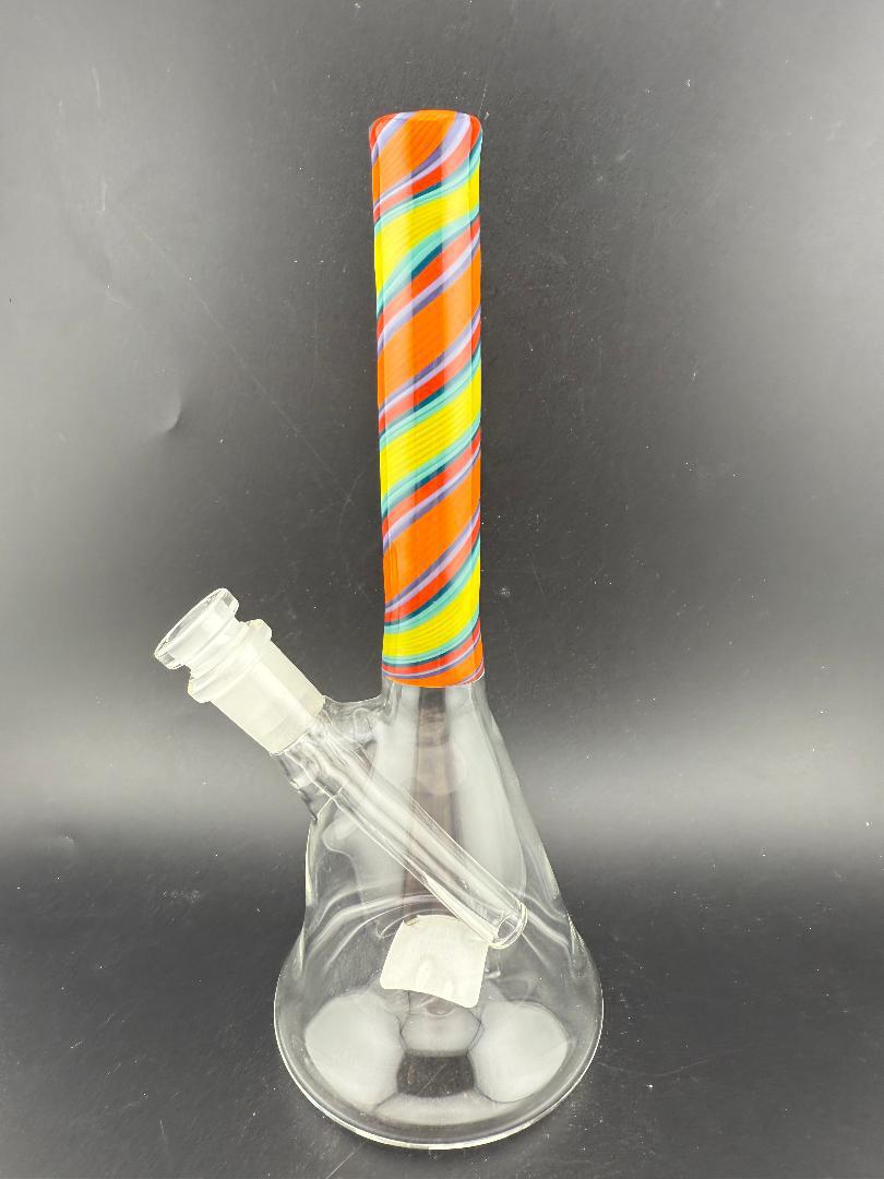 Filla John Glass Line Worked Neck Beakers 10mm 45° with colorful striped neck and clear beaker base.