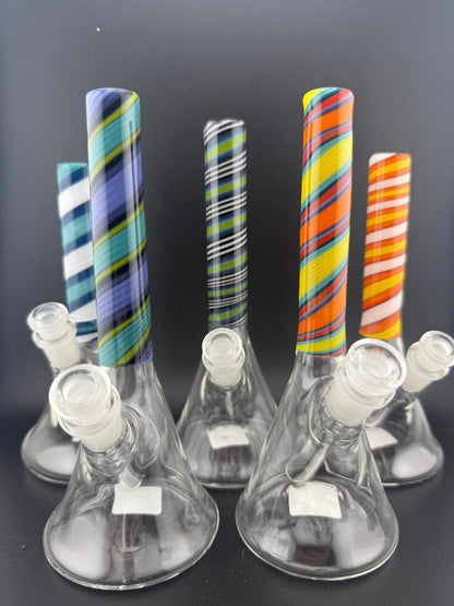 Filla John Glass Line Worked Neck Beakers 10mm 45° showcasing colorful striped designs