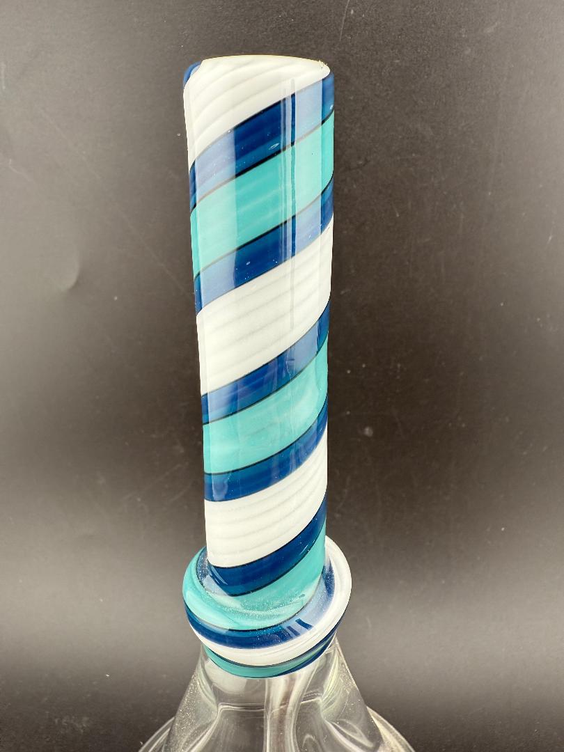Filla John Glass Line Worked Neck Beakers 10mm 45° showcasing intricate blue and white striped design on neck