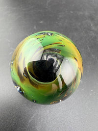 Filla John Glass Marble - 36mm Green Space Tech handcrafted marble with vibrant green and yellow colors.