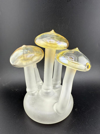 Filla John Glass Mushroom Cluster Rig 10mm 90° featuring intricate hand-blown glass mushrooms, a unique functional art piece.