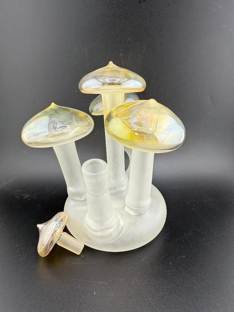Filla John handmade glass mushroom cluster rig, 10mm 90°, showcasing intricate design and artistry.