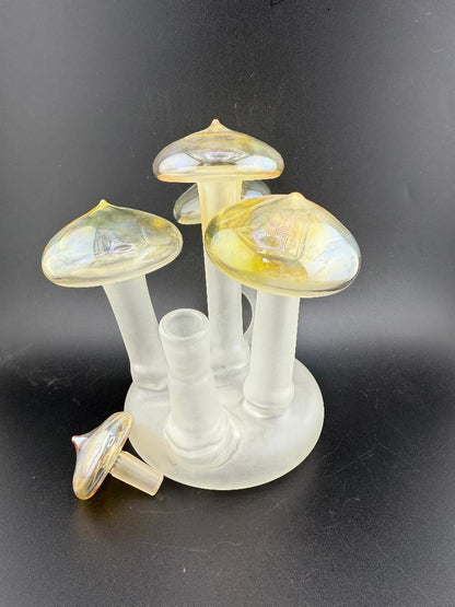 Filla John handmade glass mushroom cluster rig, 10mm 90°, showcasing intricate design and artistry.
