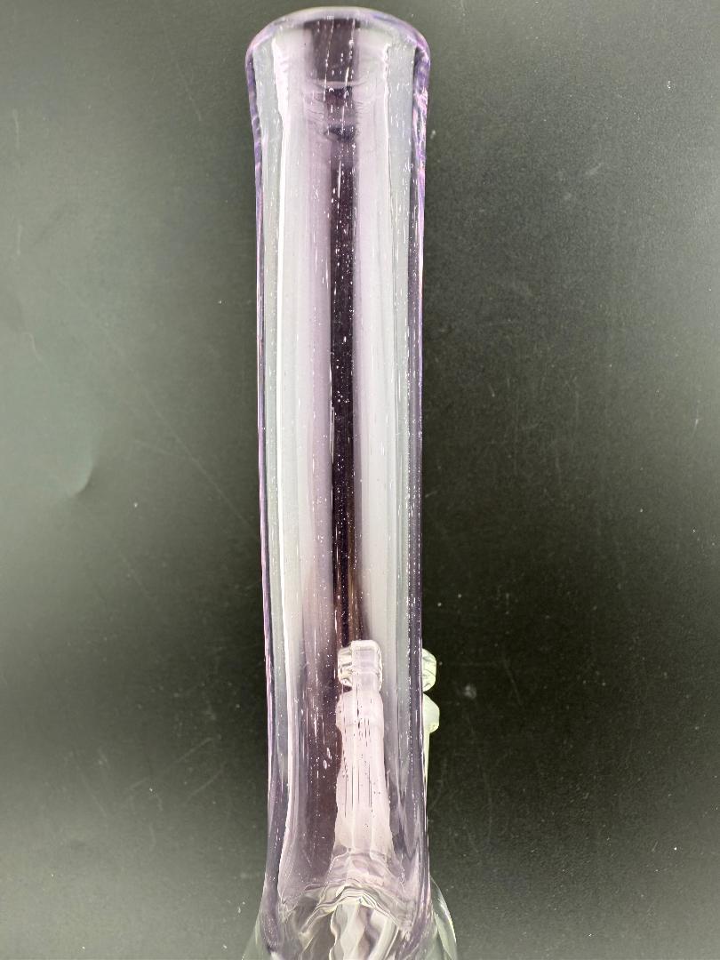 Filla John Glass Neck Pink Mini Beaker 10mm 45° showing vibrant pink neck and hand-blown craftsmanship.