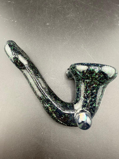 Filla John Glass Sherlock Pipe - Black Crushed Opal w/ Encased Opal Attachment on a black background.
