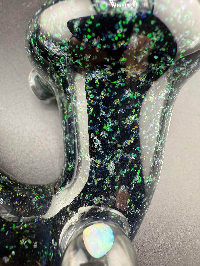 Filla John Glass Sherlock Pipe - Black Crushed Opal w/ Encased Opal Attachment close-up detail.