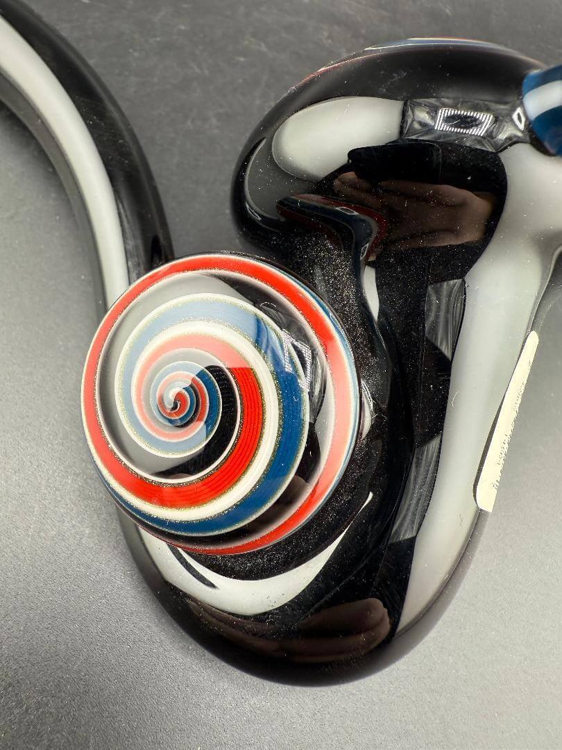 Filla John Glass Sherlock Pipe -Black w/ Red White & Blue Bowl Section & Pendant Attachment close-up view