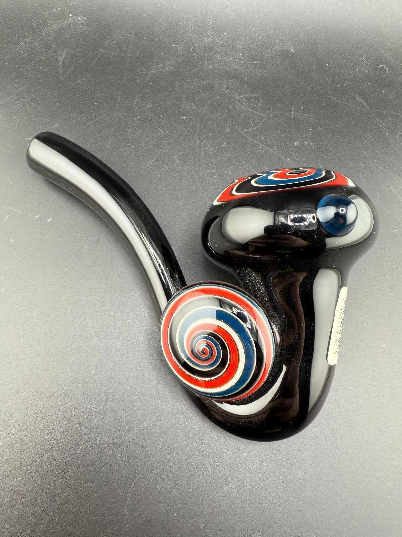Filla John Glass Sherlock Pipe -Black w/ Red White & Blue Bowl Section & Pendant Attachment
