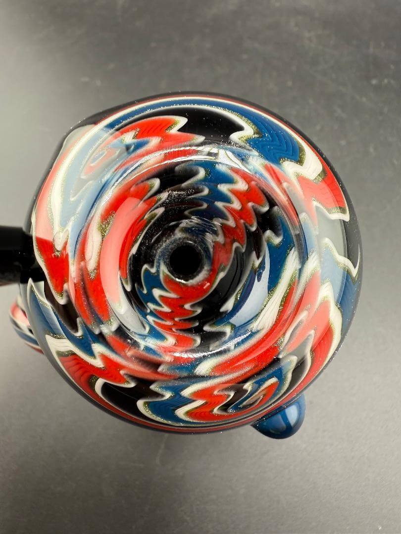 Filla John Glass Sherlock Pipe -Black w/ Red White & Blue Bowl Section & Pendant Attachment top view.