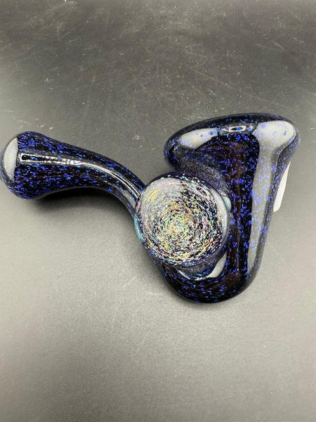 Filla John Glass Sherlock Pipe - Blue Dichro w/ Dichro Pendant Attachment featuring a striking blue dichroic body.