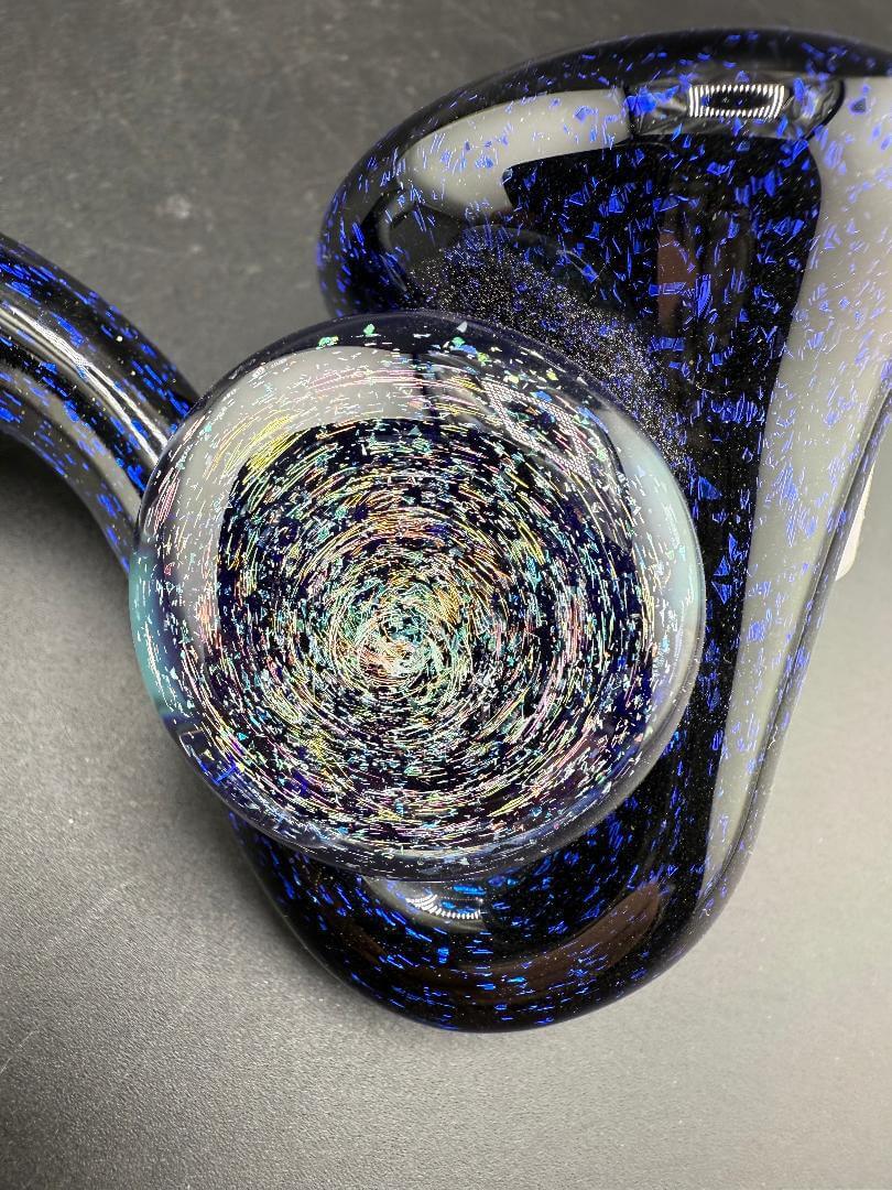 Filla John Glass Sherlock Pipe - Blue Dichro w/ Dichro Pendant Attachment with vibrant swirling dichroic attachment