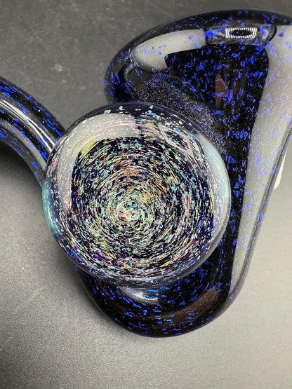 Filla John Glass Sherlock Pipe - Blue Dichro w/ Dichro Pendant Attachment with vibrant swirling dichroic attachment