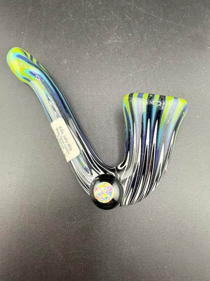 Filla John Glass Sherlock Pipe -Green & Blue to Jail Break Wig Wag w/ Large Encased Opal featuring vibrant colors and opal accent.