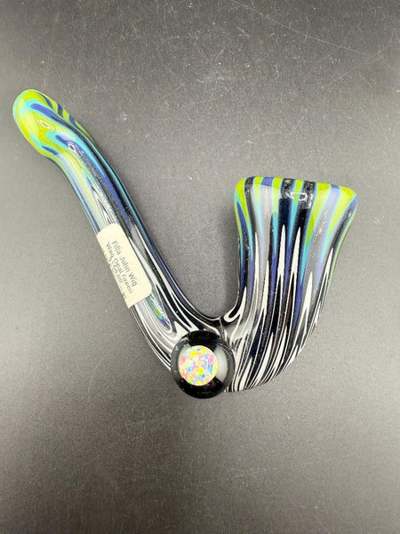 Filla John Glass Sherlock Pipe -Green & Blue to Jail Break Wig Wag w/ Large Encased Opal featuring vibrant colors and opal accent.
